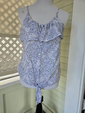 Old Navy White and Blue Paisley Tie-Front Ruffle Cami